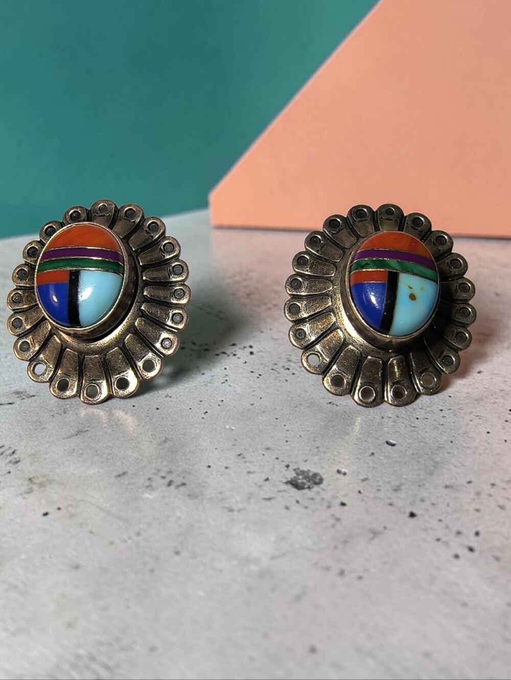 Vintage Quoc Trading QT Sterling Silver Inlay Oval Stud Southwestern Earrings